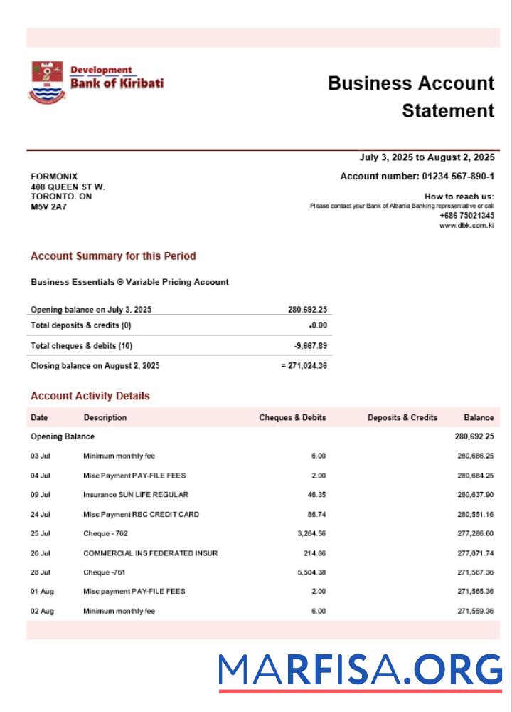 Blank Development Bank of Kiribati firm account statement Word and PDF template (1)